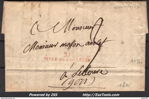 FRANCE MARQUE POSTALE ROUGE 44 X 8 MM 31 L'ISLE JOURDAIN GERS POUR LECTOURE - Picture 1 of 2