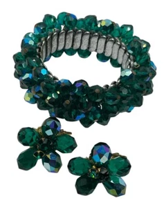 Pulsera y pendientes expansión cuentas aurora boreal azul pavo real años 50 - Imagen 1 de 18