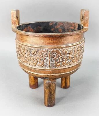 Large Chinese Cold Gilded Cast Iron Archaistic Tripod Censer Ding Antique Ming - Image 1 of 4