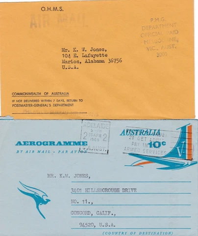 2 Australia Covers Air Mail 1968 Aerogramme, 1960s-1970s Envelope OHMS Franking Cover