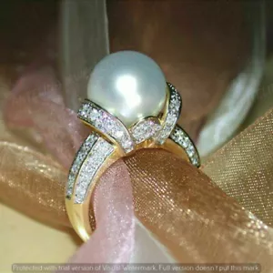 2Ct Round Cut White Pearl Solitaire Women Engagement Ring 14k Yellow Gold Finish - Picture 1 of 8
