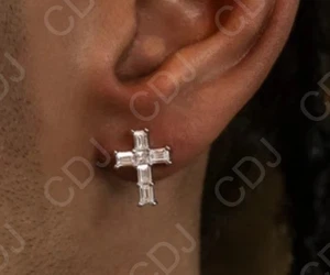 Real Moissanite Christmas Gift 4 Men's Cross Baguette Screw Back Stud 925 In SS - Picture 1 of 2