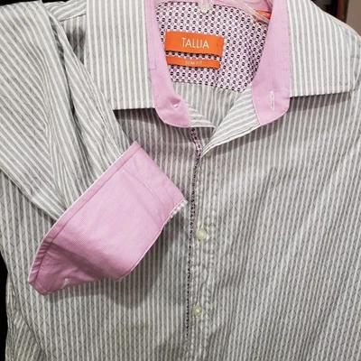 Tallia Shirt Mens 16 34/35 Long Sleeve Button Up Gray Stripe Slim Fit - Image 1 of 4