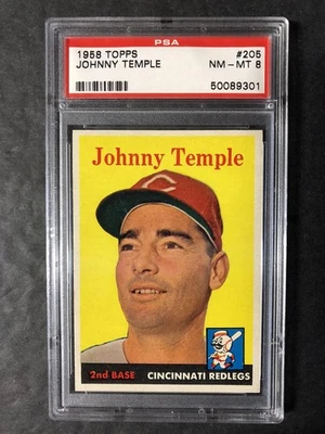 1958 Topps Johnny Temple 205 PSA 8; ¡Esquinas afiladas y enfoque!! Foto 1 de 2