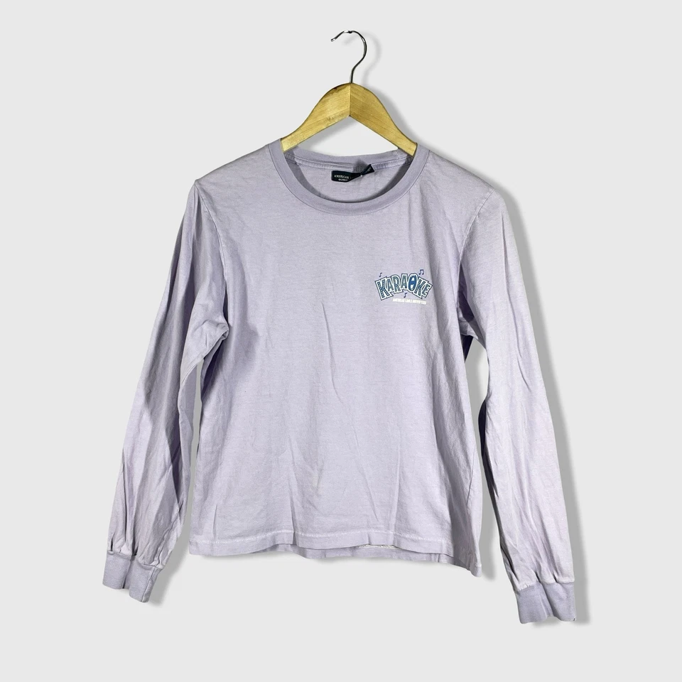 Camisa feminina manga longa Y2K American Eagle Outfitters L concurso de karaokê roxa - Imagem 1 de 4