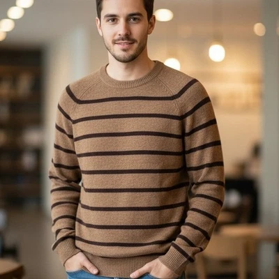 Preppy Academia Y2K Chocolate Brown Striped Sweater Mens L Express Pullover EUC - Image 1 of 4