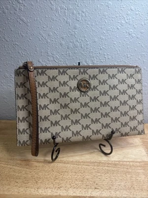 Michael Kors Fulton Brown Signature Coated Canvas Zip Clutch Wristlet Gold - Image 1 of 4