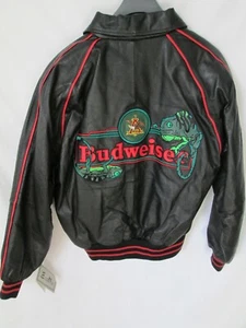 NWT Vtg. 90's Budweiser Gecko Beer Promo Embroidered Black Leather Jacket Size L - Picture 1 of 10