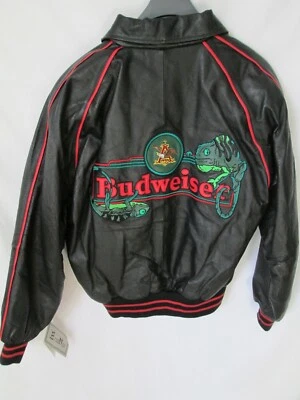 NWT Vtg. 90's Budweiser Gecko Beer Promo Embroidered Black Leather Jacket Size L - Image 1 of 4