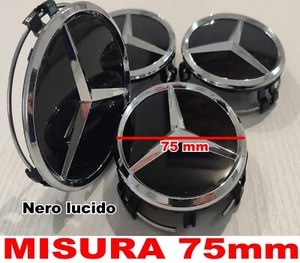 4 COPRIMOZZO MERCEDES AMG CLASSE A B C CLS CLA TAPPI RUOTA CAPS 75mm NERO LUCIDO - Foto 1 di 4