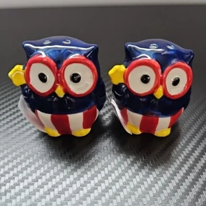 Red White and Blue Owl With Glasses American Painted Salt and Pepper Shaker - Picture 1 of 9