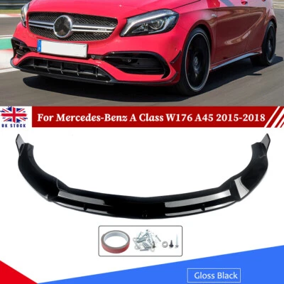 Front Splitter Lip For Mercedes A Class W176 A45 2015-18 AMG Style Gloss Black - Image 1 of 4