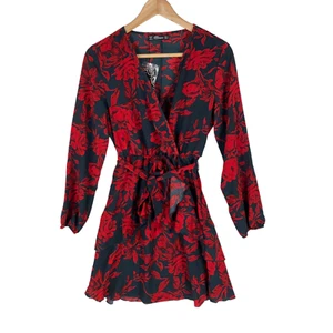 Huguest Mini Abito Donna Taglia S Blu Rosso Floreale Increspature Cintura NUOVO - Foto 1 di 8