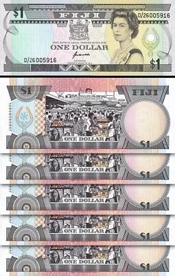 Fiji 1 Dollar 1993, UNC, 5 Pcs LOT, Consecutive, P-89a, Queen Elizabeth II - Image 1 of 4