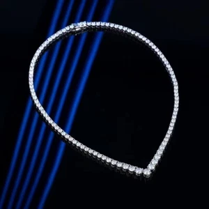 V Shape D Color Moissanite Tennis Necklace Women 925 Sterling Silver Pass Tester - Picture 1 of 11