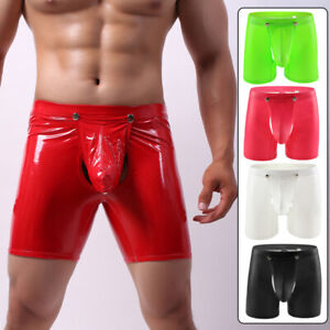 Sexy Mens Boxer Briefs Faux Leather Wet Look Removable Pouch Shorts Underwear