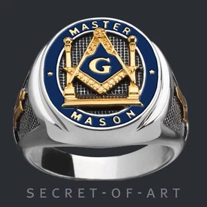 Masonic Ring Master Mason Freemason Pillars Silver 925 & GoldPlated, blue enamel - Picture 1 of 12