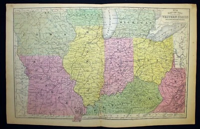 Mapa antiguo 1852 Western States Mitchell's Illinois Ohio Kentucky Missouri Iowa Foto 1 de 4