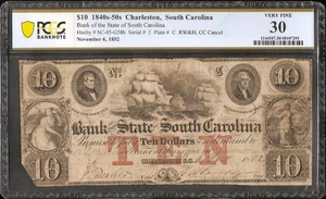 1852 $10 BILL # 3 SOUTH CAROLINA BANK NOTE LARGE CURRENCY OLD PAPER MONEY PCGS - Picture 1 of 2