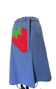 Gonna avvolgente vintage fatta a mano linea A blu fragola tasca rosso blu denim cotone - Foto 1 di 24