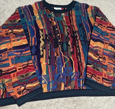 Suéter de malha vintage COOGI Austrália 3D multicolorido textura de algodão tamanho G grande - Imagem 1 de 4