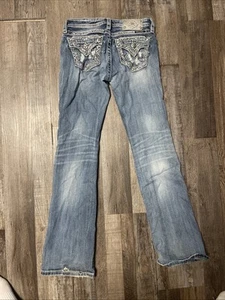 Miss Me Girls Bootcut Denim Jeans Sequined Embroidered Pockets Blue Size 16 - Picture 1 of 5