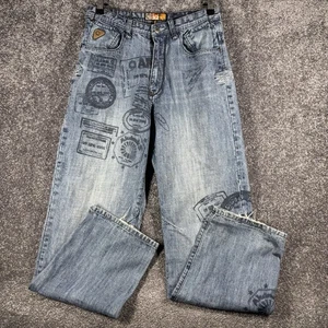 Akademiks Jeans Mens 32x33 Blue Baggy Loose Y2K Grunge Pants Patched Medium Wash - Picture 1 of 11