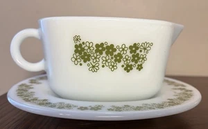 Vintage PYREX Green Spring Blossom Crazy Daisy Gravy Boat & Saucer 77-B 77-U - Picture 1 of 23
