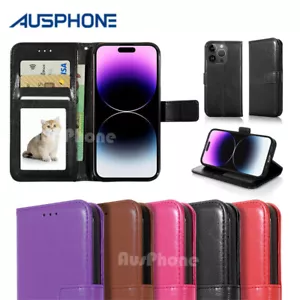 For iPhone 16 15 14 13 12 11 Pro Max XS XR Leather Flip Wallet Case Card Cover - Picture 1 of 12