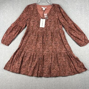 Lucky Brand Dress Womens XS Brown Long Sleeve Paisley Print V Neck Shift NWT - Picture 1 of 6