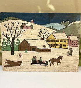 Vintage Volkskunst Schlittenfahrt Gemälde auf Karton 16 x 12 American Snow Horse Farm - Bild 1 von 10