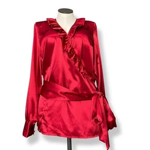 NWT Lane Bryant Wrap Top Red Satin Ruffle Neckline Sz 18/20 Long Sleeve Festive - Picture 1 of 12