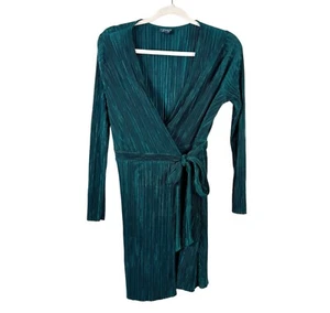 TOPSHOP womens size 8 hunter green ribbed satin tie waist long sleeve wrap dress - Picture 1 of 5