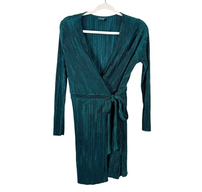 TOPSHOP женщин размер 8 охотник зеленый ребристый атласный галстук талии длинным рукавом надежном платье - Изображение 1 из 4