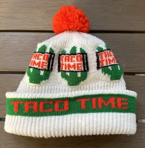 1990s Taco Time Restaurant Logo White Stocking Hat Cap Beanie Red Pom Cuff Used - Bild 1 von 8
