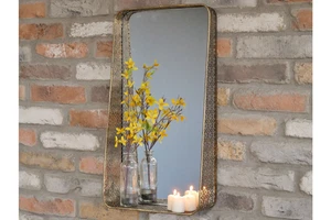Gold Cut Out Patterned Metal Rectangular Vertical Mirror With Shelf Wall Mounted - Picture 1 of 14