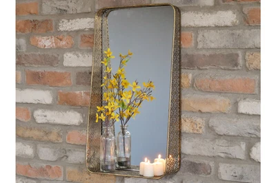 Gold Cut Out Patterned Metal Rectangular Vertical Mirror With Shelf Wall Mounted - Image 1 of 4