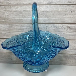 Tiara Indiana Glass Horizon Blue Diamond Point & Fruit Handled Basket Large - Picture 1 of 7