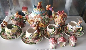 Vintage Bunny Rabbit Garden Teapot Tea Pot Spring Easter Merc Asia 1999 Set Lot - Picture 1 of 24