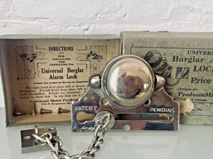Vintage Nickel NOS EINBRECHER ALARM SCHLOSS TÜR KETTE & SICHERHEITSKLINGEL ZUM AUFZIEHEN - Bild 1 von 8