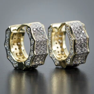 Two Tone Gold Plated Fully Iced Cz Sterling Silver Mens Huggie Hoop Earrings - Picture 1 of 4