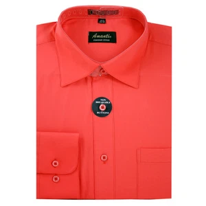 Mens Dress Shirt Plain Coral Modern Fit Wrinkle-Free Cotton Blend Amanti - Picture 1 of 1
