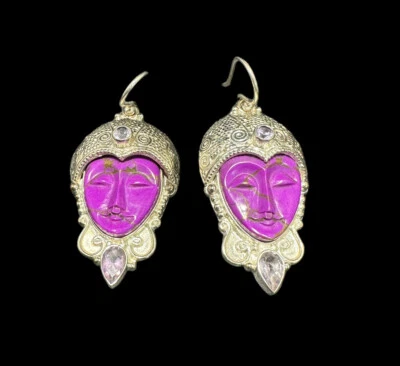 Silver Plate Bali Ethnic Gemstone Carved Face Earrings Amethyst Dangle Hook - Image 1 of 4