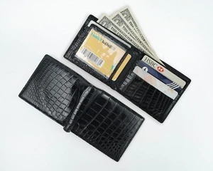 Black Bifold Leather Wallet Double sided Handmade Mens Wallet - Picture 1 of 11