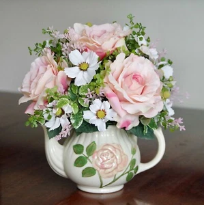 Vintage Shawnee Pottery Pink Rose Teapot With Silk Pink Roses and White Cosmos - Picture 1 of 12