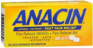 Anacin Aspirin 400mg Caffeine 32mg Pain Reliever & Aid Fast Relief 100ct 2 Pack - Picture 1 of 4