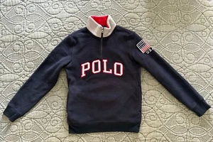 Polo Ralph Lauren 1/4 Zip Fleece USA Flag Navy Pullover Youth Size L (14-16) - Picture 1 of 3