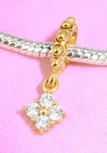SOLID 9CT 9KT YELLOW GOLD Dangle BEAD with 4 Sparkling CZ Fits Charm Bracelet - Picture 1 of 1