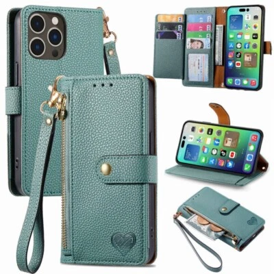 For iPhone 16 15 14 13 12 11 Pro Max RFID Zipper Leather Wallet Case Flip Cover - Image 1 of 4