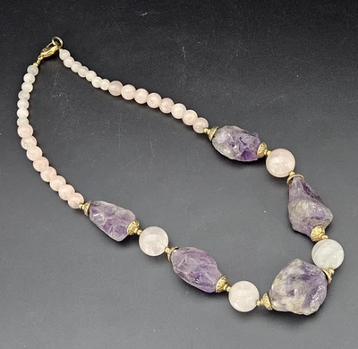 Collar de cuentas de cuarzo amatista y rosa 19" LS broche de langosta tono dorado Foto 1 de 4